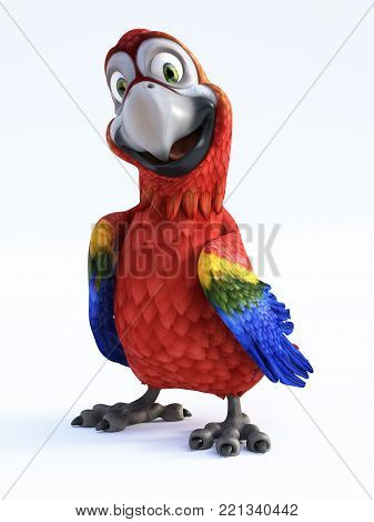 3D rendering of cartoon parrot smiling and looking very happy. White background.