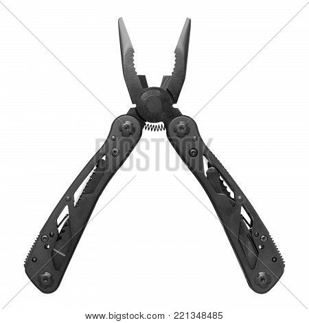 Black multi tool isolated on white background. Universal hand tool that combines different individual functions. In this image this function is pliers