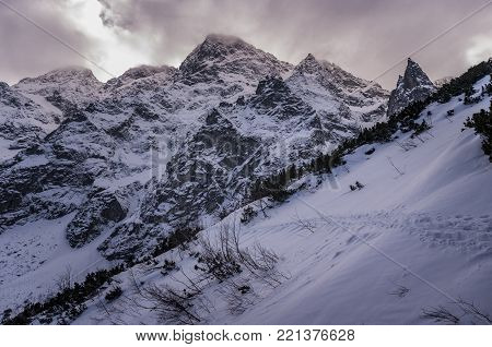 Mieguszowiecki peaks and a Mnich in winter scenery. High Tatras. Poland.