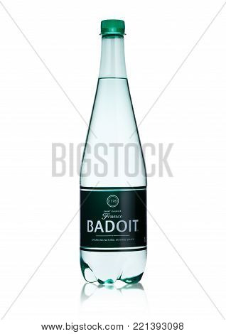 LONDON, UK - JANUARY 02, 2018: Plastic of Badoit Saint Galmier France mineral carbonated water on white background. Product by Danone
