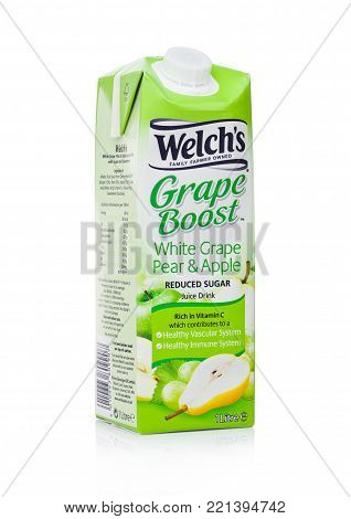LONDON, UK - JANUARY 02, 2018: Pack of Welch's Grape Boost white grape pear and apple juice on white background.Welch Food Inc. is owned by the National Grape Cooperative Association.