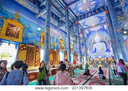 CHIANG RAI, THAILAND - December 20, 2017: Very beautiful buddhist mural painting in the chapel of Wat Rong Sua Ten or Rong Sua Ten temple. This place is the popular attraction for Chiang Rai trip.