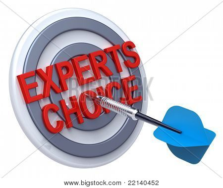 그것에 텍스트와 대상에 파란 다트. 좋은 제품 선택의 개념입니다. 컴퓨터 생성 3