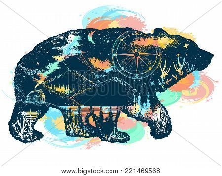 Magic bear double exposure color tattoo art. Mountains, compass. Bear grizzly silhouette t-shirt design. Tourism symbol, adventure, great outdoor
