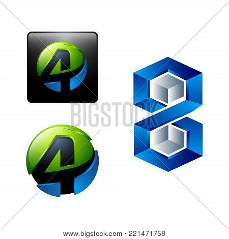 3d square Rounded numeral four 4 and hexagonal number 8 eight Logo design Template elements