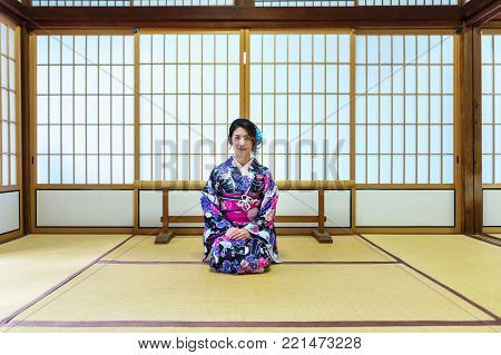 Asian woman wearing japanese traditional kimono in Japan.