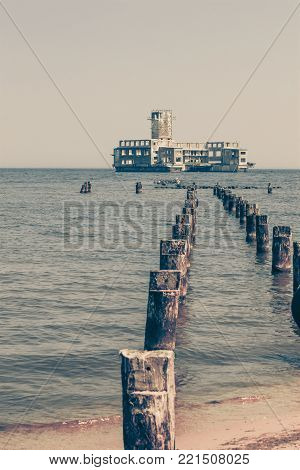 Ruins of military army building built by german in Gdynia Poland during World War II. Sea landscape.