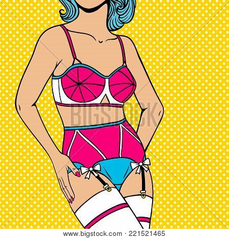Sexy body of young pin up woman with blue hair in pink underwear and white stockings in vintage style on dots background. Vector colorful illustration in pop art retro comic style.