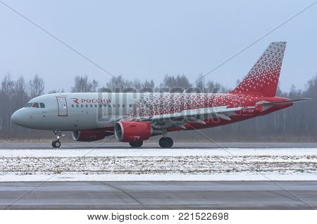 Airbus a319 Rossiya airlines, airport Pulkovo, Russia Saint-Petersburg. December 19 2017