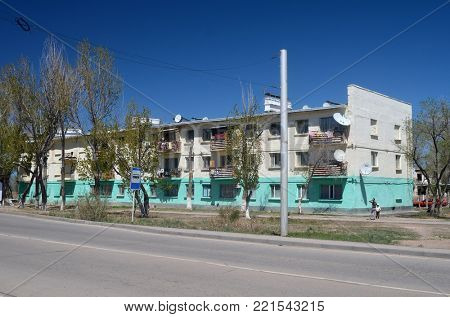 Residenial buildigs of 1960-th.Former Soviet anti-ballistic missile testing range Sary Shagan.May 7, 2017.Priozersk.Kazakhstan