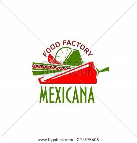 Mexican cuisine icon Mexicana for Mexico restaurant or traditional food cafe and menu design template. Vector isolated symbol of sombrero hat and red chili or jalapeno pepper, line and guava