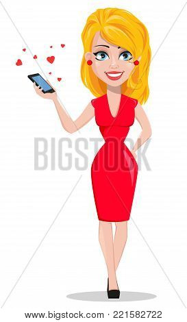 Beautiful woman in red dress holding smartphone with many little hearts. Smiling cartoon character. Illustration for Valentine day or Women day. Stock vector