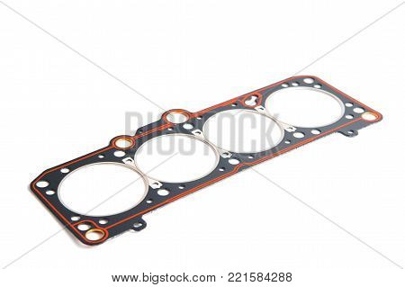 Bright Cylinder head gasket with orange strip for gasoline engine. isolated on white background. Spare parts for car repair