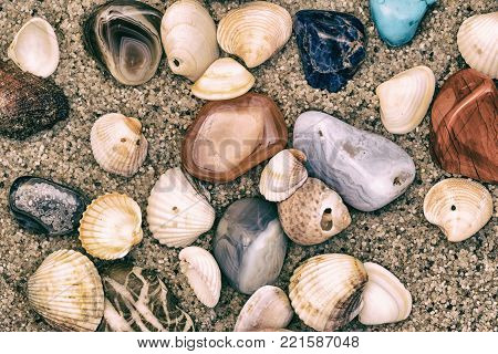 Summer sea theme with shells, wet colored stones and sand