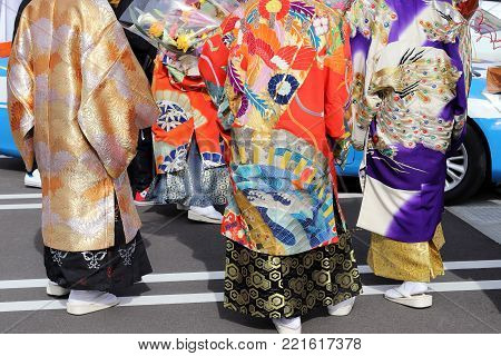 KAGAWA, JAPAN - JANUARY 7, 2018: Young Japanese men wearing traditional kimono for the coming of age day celebration, they turn twenty in Kagawa, Japan.