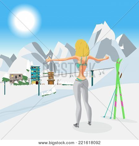 Young woman in a bikini in winter on top of a mountain. Girl sunbathing in a ski resort in the sun. Flat cartoon vector illustration