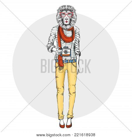 Retro Hipster animal girl lion with photo camera. Woman model
