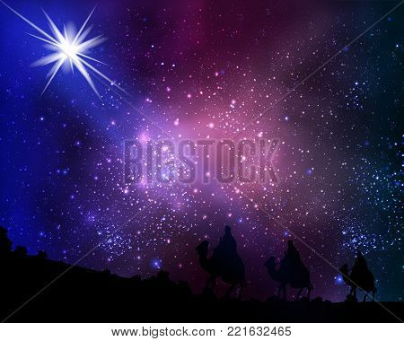 Three wise men on the background of cosmic sky and stars, vector art illustration.