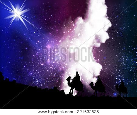 Three wise men a star on the background of cosmic sky, vector art illustration.