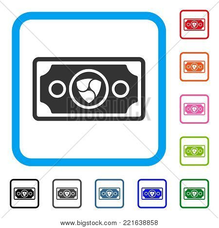 Nem Banknote icon. Flat grey pictogram symbol in a blue rounded squared frame. Black, gray, green, blue, red, orange color variants of nem banknote vector. Designed for web and app user interface.