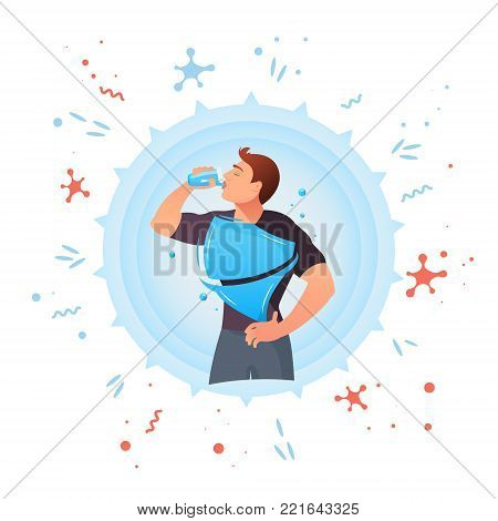 Man drinks water.Concept of drinking water, healthy.  Vector flat style cartoon illustration isolated on white background