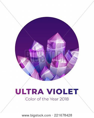 Ultraviolet amethyst gemstones design template. Vector backdrop of ultra violet gems on white isolated background. Boho magic crystals in trendy purple color of the year