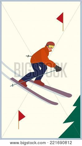 Mountain skiing icon. Skier slope on snowy hill. Pair of skies sign. Simple flat cartoon. Winter outdoors sport. Trace for downhill from top. Advertisement active lifestyle banner, flyer template