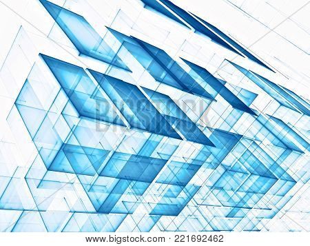 White and blue technology style background - abstract computer-generated image. Fractal geometry - construction of semitransparent cubes. Sci-fi, high tech or business concept backdrop.