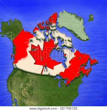 3D map of Canada painted in the colors of Canadian flag, surrounded by land and sea background. Illustration of stylized jelly pie