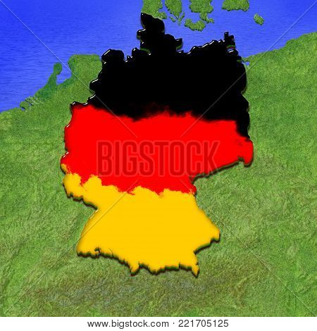 3D map of Germany painted in the colors of German flag, surrounded by land and sea background. Illustration of stylized jelly pie