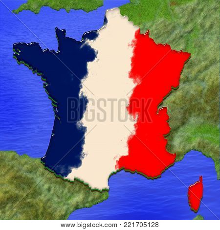 3D map of France painted in the colors of French flag, surrounded by land and sea background. Illustration of stylized jelly pie