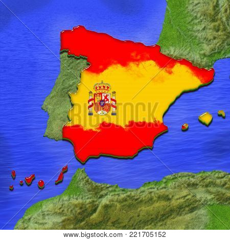 3D map of Spain painted in the colors of Spanish flag, surrounded by land and sea background. Illustration of stylized jelly pie