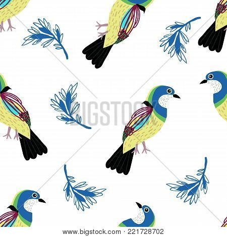 Seamless pattern with colorful birds and leaves. Vector spring illustration.