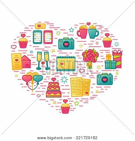 Design pattern on white background with romantic element. Seamless wallpaper with color cute icon for valentine's day.  Graphic with heart, cake and romantic gift. Vector.