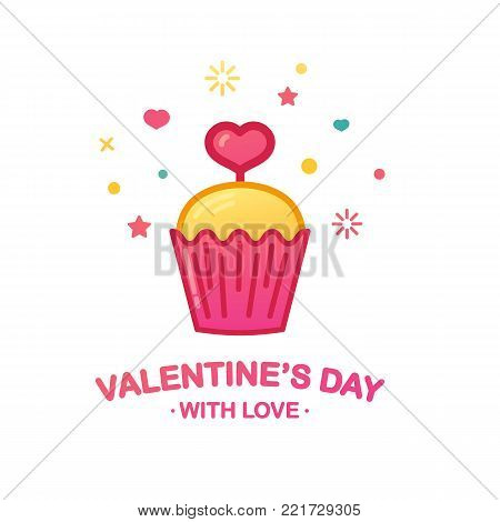 Design icon with cute cupcake. Sweet dessert with heart symbol for cafe banner or promotion happy valentine's day.  Vector.