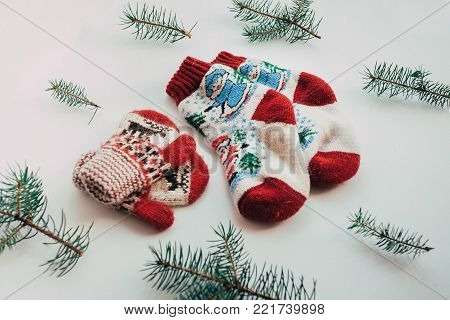 Handmade Knitted Socks For The Cold Season. View From Above. Many Different Blue Color Socks.