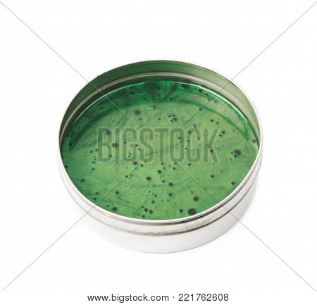 Smart hand putty plasticine playdough in a metal box, composition isolated over the white background