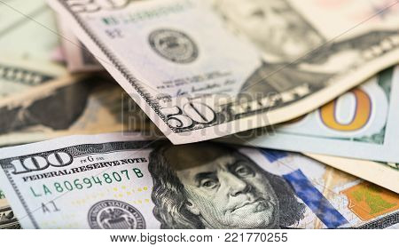 Bitcoins with US banknotes, golden bitcoin, silver bitcoin, bronze bitcoins
