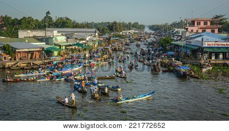 Soc Trang, Vietnam - Feb 2, 2016. Nga Nam Floating Market on Mekong River in Soc Trang, Vietnam. Mekong is the world 12th-longest river and the 7th-longest in Asia.