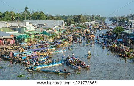 Soc Trang, Vietnam - Feb 2, 2016. Nga Nam Floating Market on Mekong River in Soc Trang, Vietnam. Mekong is the world 12th-longest river and the 7th-longest in Asia.