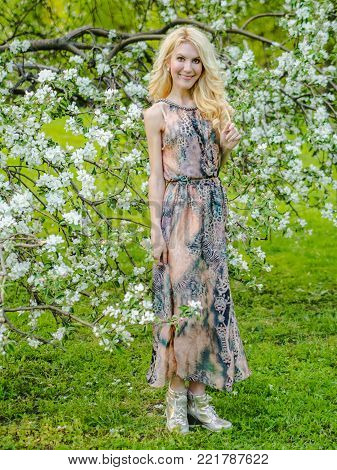 beautiful Russian girl blonde in a summer tight-fitting dress against the background of a blossoming apple tree