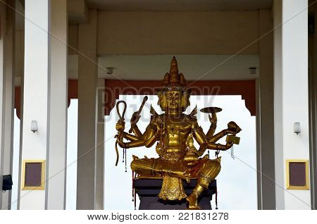 Lord Brahma is a creator god in Hinduism also known as Svayambhu in shrine beside road at Sing Buri, Thailand