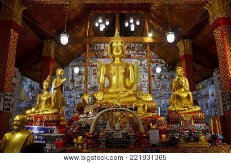 Golden Big Buddha Statue For People Praying And Respect For Blessing In Ubosot At Wat Tha Sung In Ut