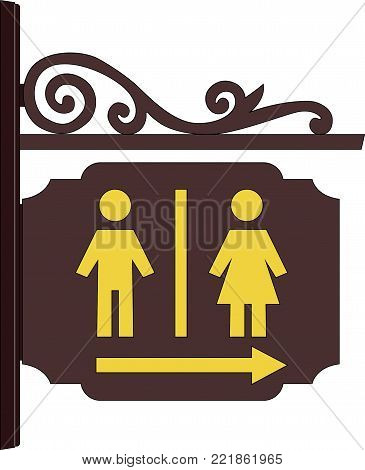 on an white background there is a sign with the direction of the toilets