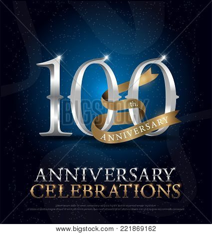 100th years anniversary celebration silver and gold logo with golden ribbon on dark blue background. vector illustrator