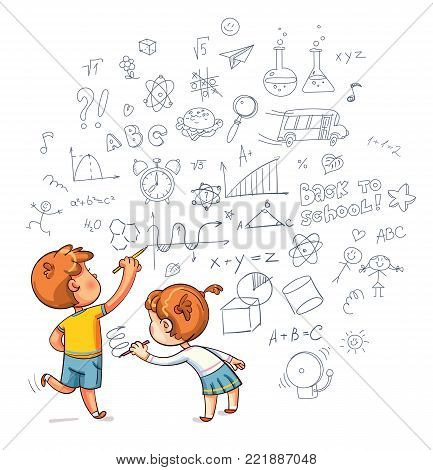 Kids drawing. Boy and Girl draw a doodle on the wall. Draw geometric shapes on a school board. Funny cartoon character. Vector illustration. Isolated on white background