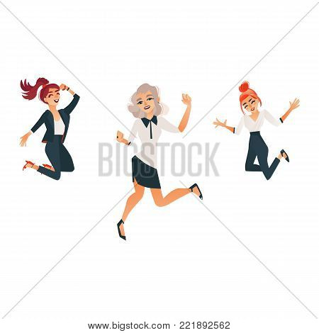 Cute women in office, corporate clothing jumping smiling set. Beautiful redhead, blonde successful business girls in formal suit dancing. Vector cartoon isolated illustration on a white background.