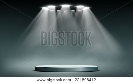 Round podium illuminated by searchlights. Blank background for the presentation. Stock vector illustration.