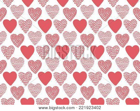 Hand Drawn Valentine Hearts Seamless Pattern, Isolated On White background. Good for wallpaper, wrapping paper, invitation cards. Vector illustration.