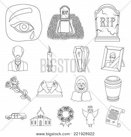 Funeral ceremony outline icons in set collection for design. Funerals and Attributes vector symbol stock  illustration.